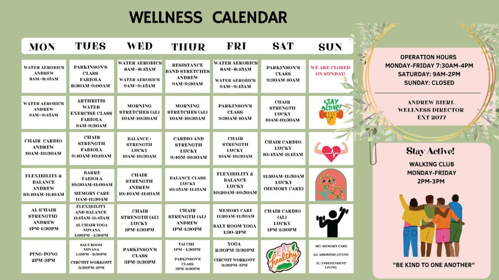 Wellness Calendar at Laurel Parc Senior Living in Portland Oregon